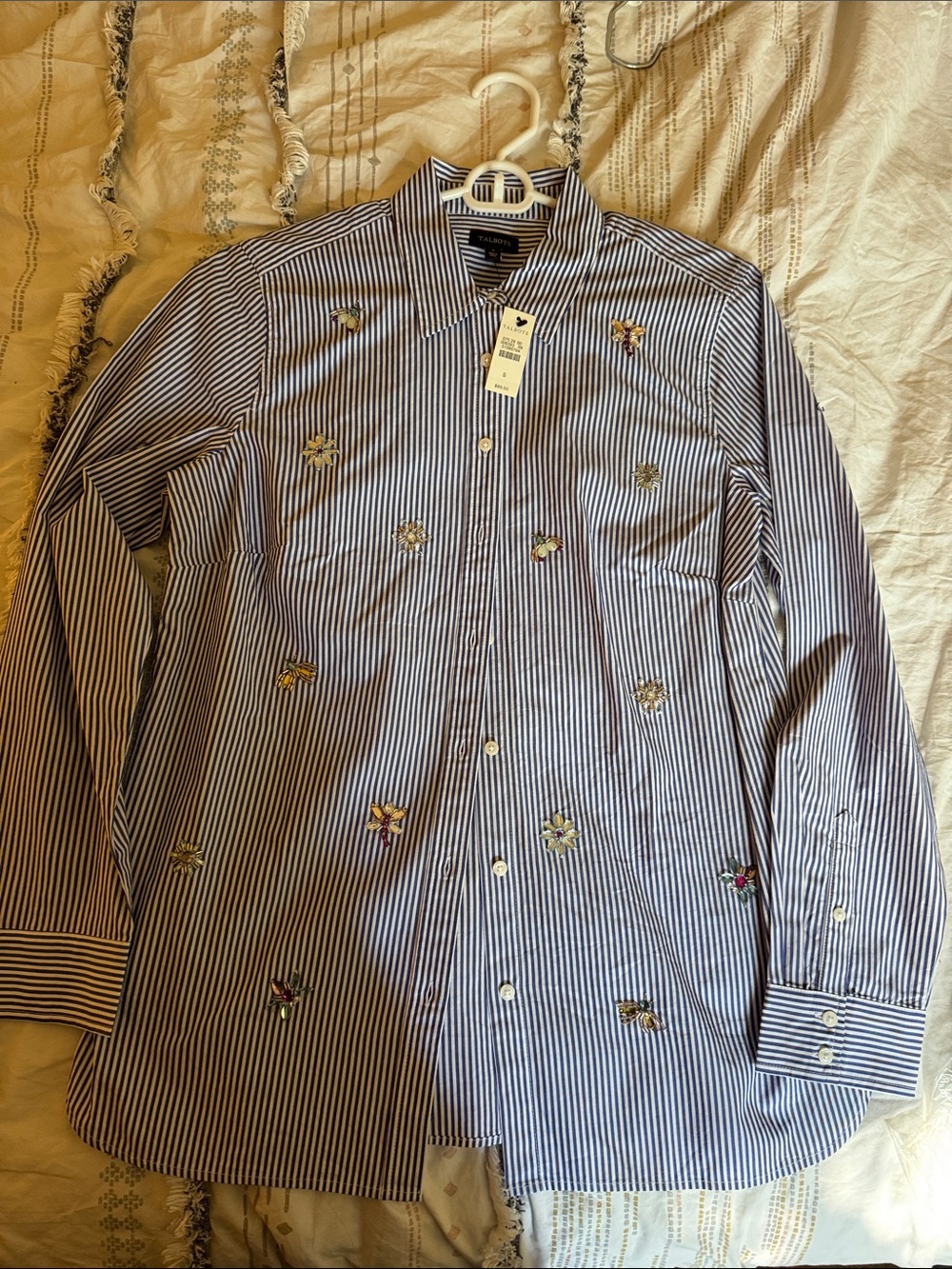 Talbots Blue and White Striped Embroidered Button-Down Shirt